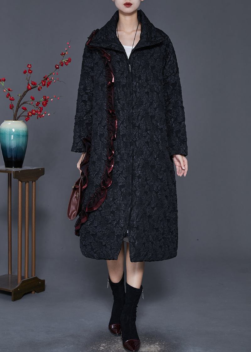 Französischer Schwarzer Trenchcoat Aus Jacquard Mit Rüschen Und Feiner Baumwollfüllung Frühling - Damen-Trenchcoats