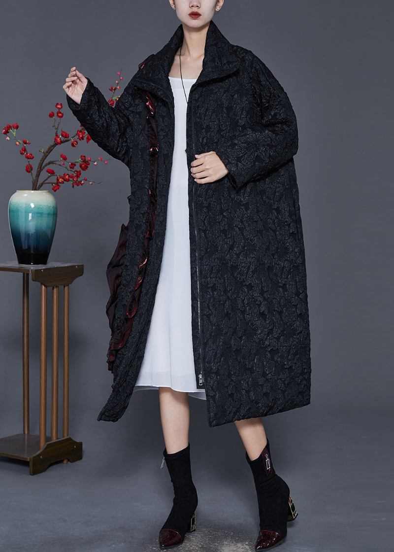 Französischer Schwarzer Trenchcoat Aus Jacquard Mit Rüschen Und Feiner Baumwollfüllung Frühling - Damen-Trenchcoats