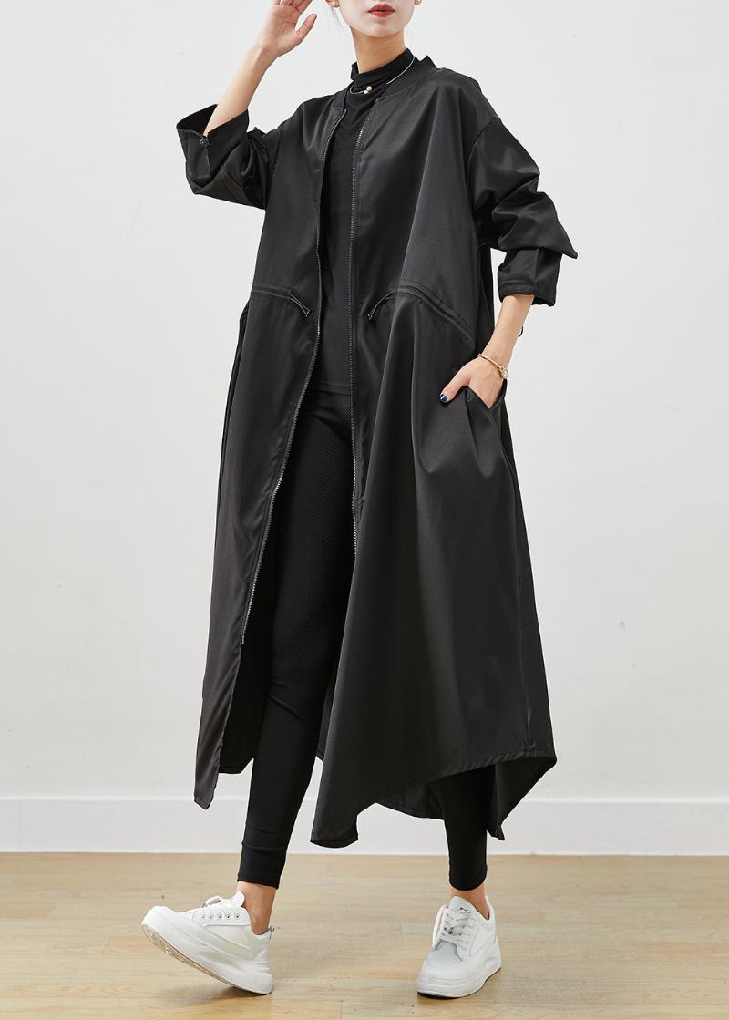 Französischer Schwarzer Übergroßer Spandex-trenchcoat Mit Kordelzug - Damen-Trenchcoats