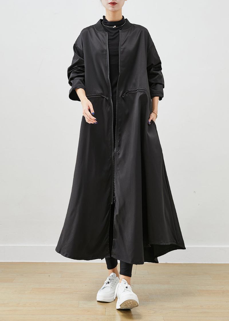 Französischer Schwarzer Übergroßer Spandex-trenchcoat Mit Kordelzug - Damen-Trenchcoats