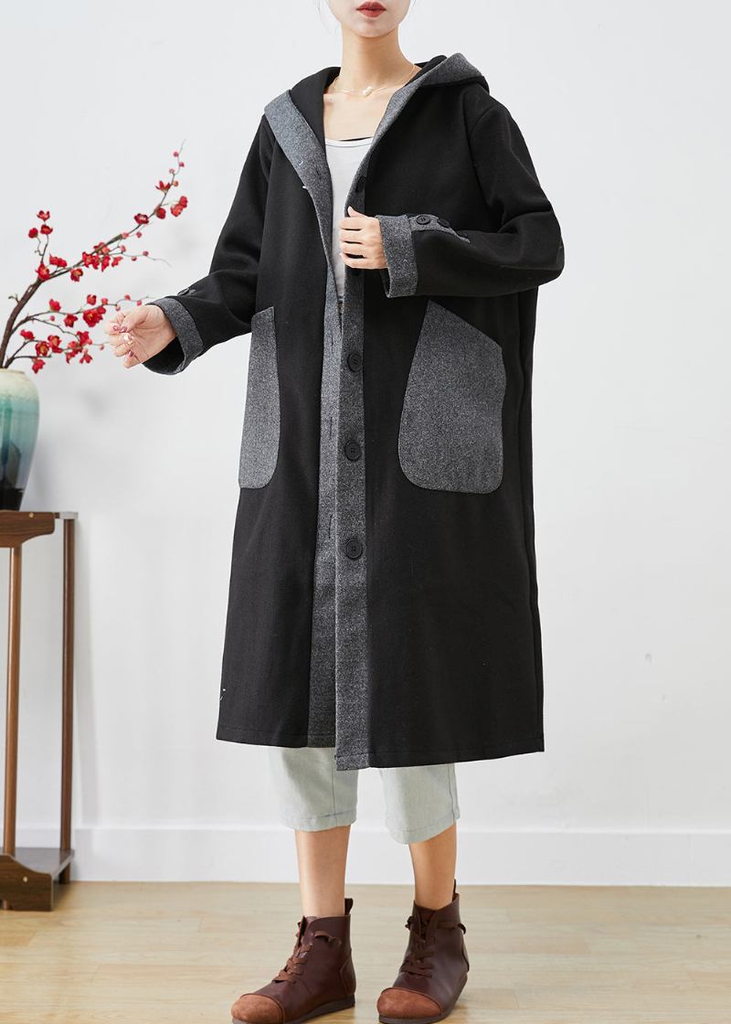 Französischer Schwarzer Wollmantel Mit Kapuze Und Patchwork-taschen Für Den Herbst - Damen-Trenchcoats