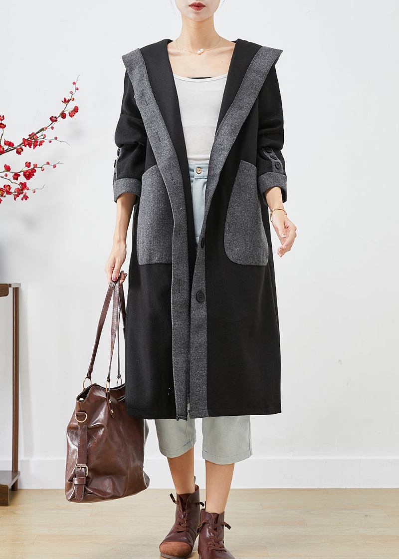 Französischer Schwarzer Wollmantel Mit Kapuze Und Patchwork-taschen Für Den Herbst - Damen-Trenchcoats