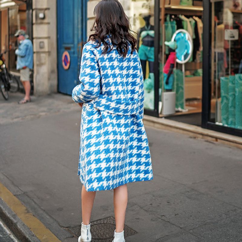 Frauen Blau Weiß Plaid Wolle Mantel Casual Kerb Langen Boutique Taschen Lange Mäntel - Damen-Trenchcoats