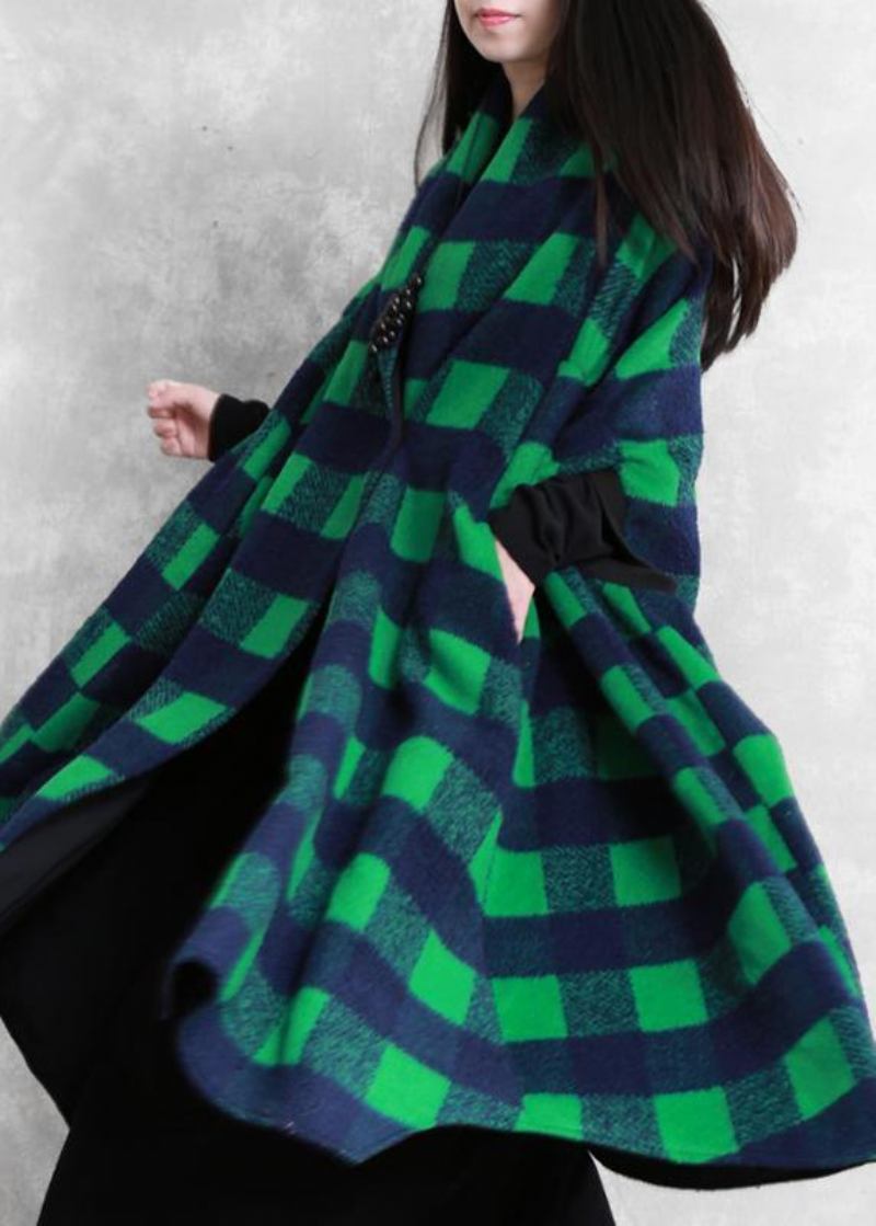 Frauen Casual Jacken Mäntel Grün Plaid Batwing Ärmel Patchwork Wolle Mantel - Damen-Trenchcoats