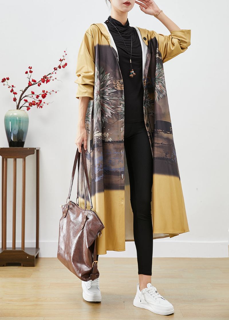 Frauen Gelb Mit Kapuze Print Baumwolle Trenchcoats Herbst