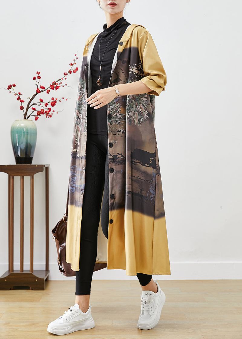 Frauen Gelb Mit Kapuze Print Baumwolle Trenchcoats Herbst - Damen-Trenchcoats