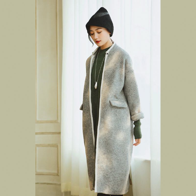 Frauen Grau Mäntel Plus Größe Patchwork Wollmantel Mode Langarm Mantel - Damen-Trenchcoats