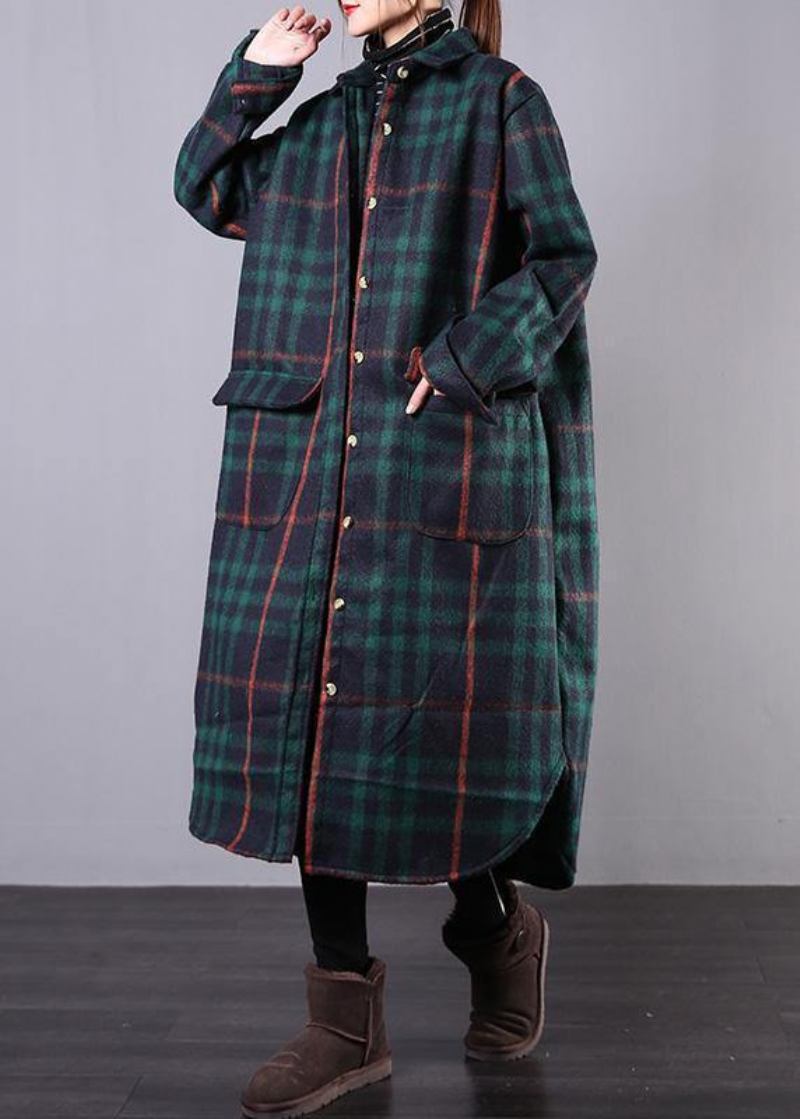 Frauen Grün Plaid Wolle Mantel Plus Größe Kleidung Winter Revers Taschen Mäntel - Damen-Trenchcoats