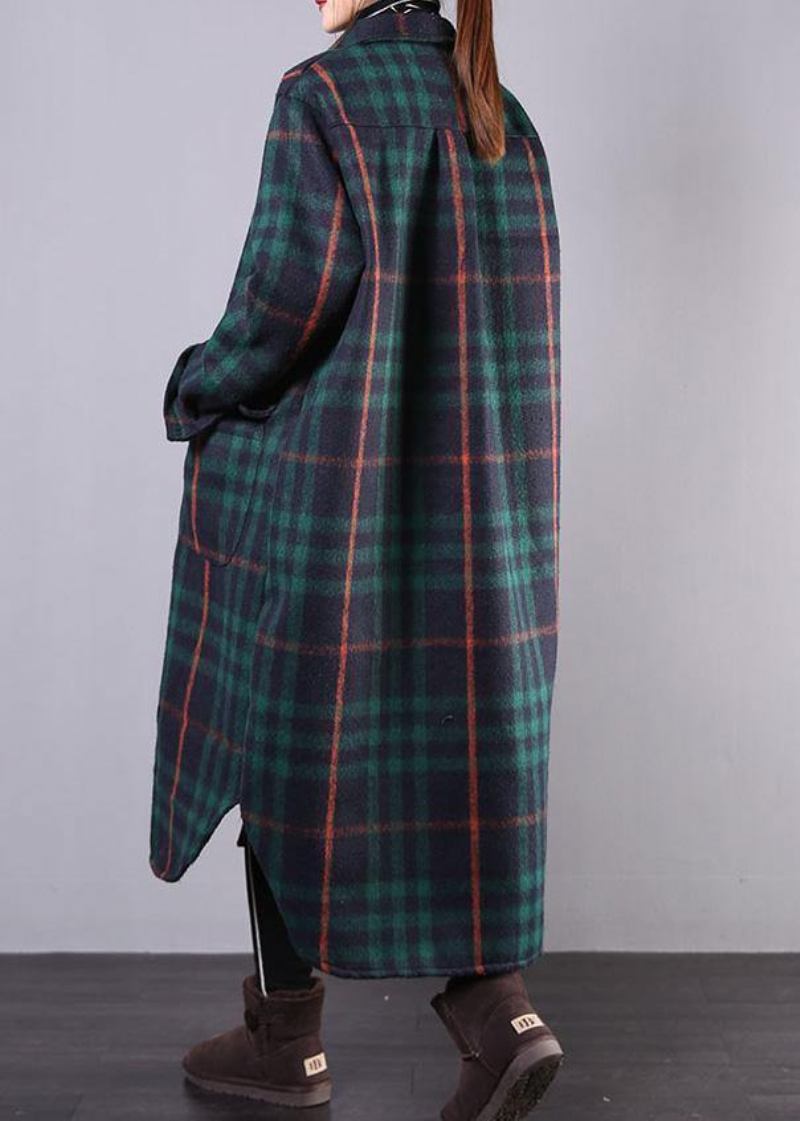 Frauen Grün Plaid Wolle Mantel Plus Größe Kleidung Winter Revers Taschen Mäntel - Damen-Trenchcoats