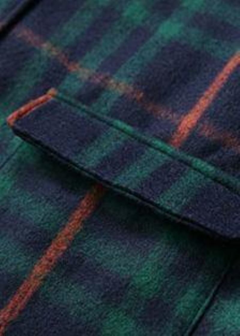 Frauen Grün Plaid Wolle Mantel Plus Größe Kleidung Winter Revers Taschen Mäntel - Damen-Trenchcoats