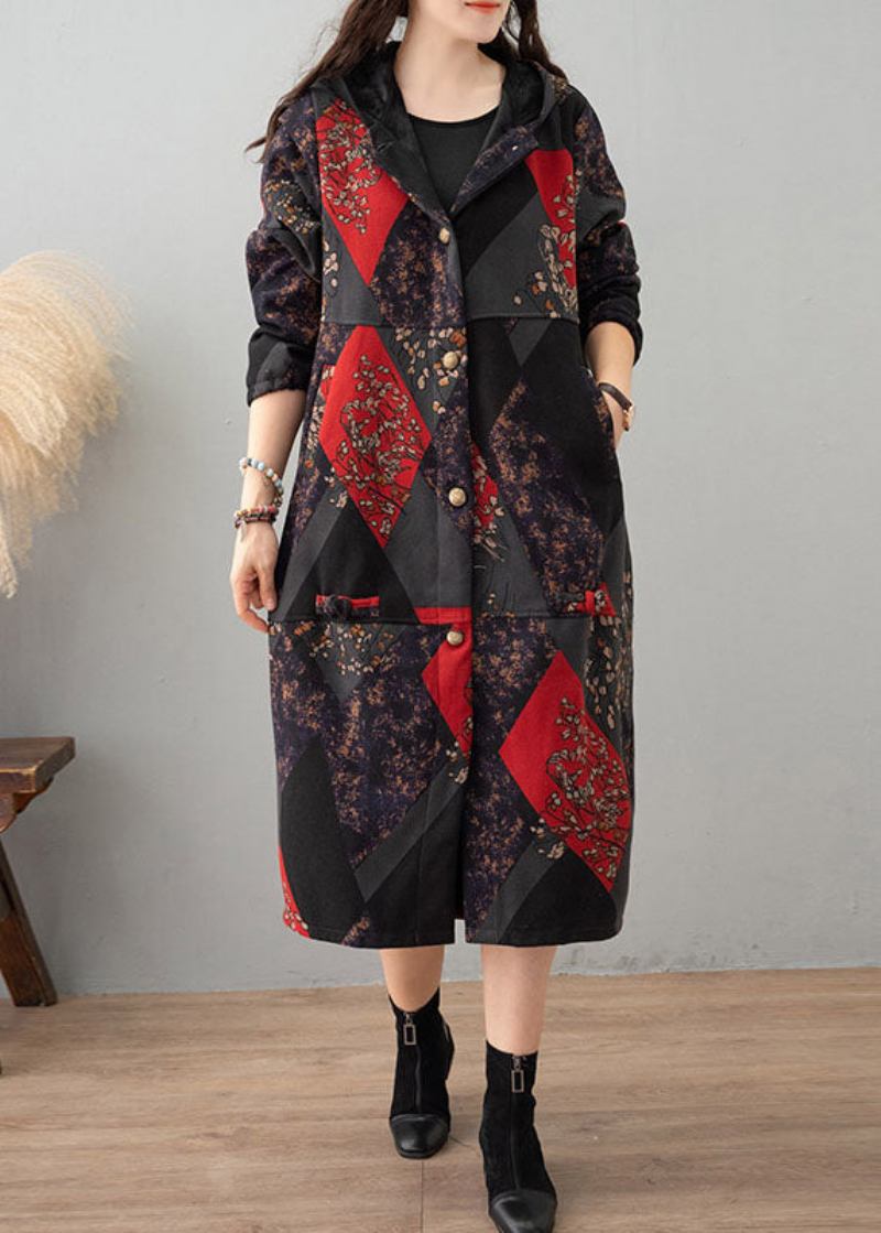 Frauen Grün Print Mit Kapuze Patchwork Dicke Baumwolle Graben - Damen-Trenchcoats