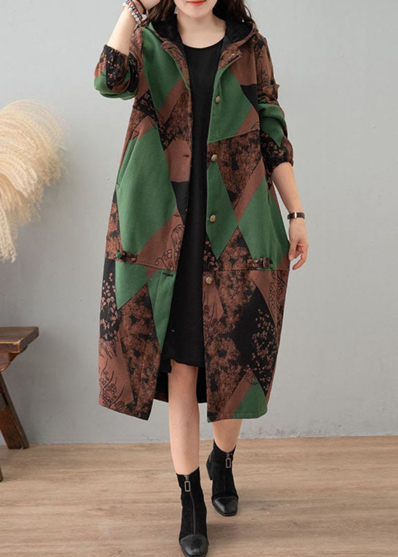 Frauen Grün Print Mit Kapuze Patchwork Dicke Baumwolle Graben - Damen-Trenchcoats