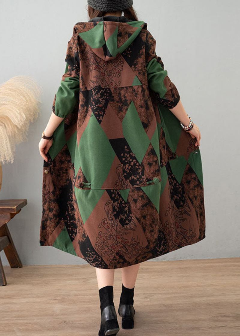 Frauen Grün Print Mit Kapuze Patchwork Dicke Baumwolle Graben - Damen-Trenchcoats