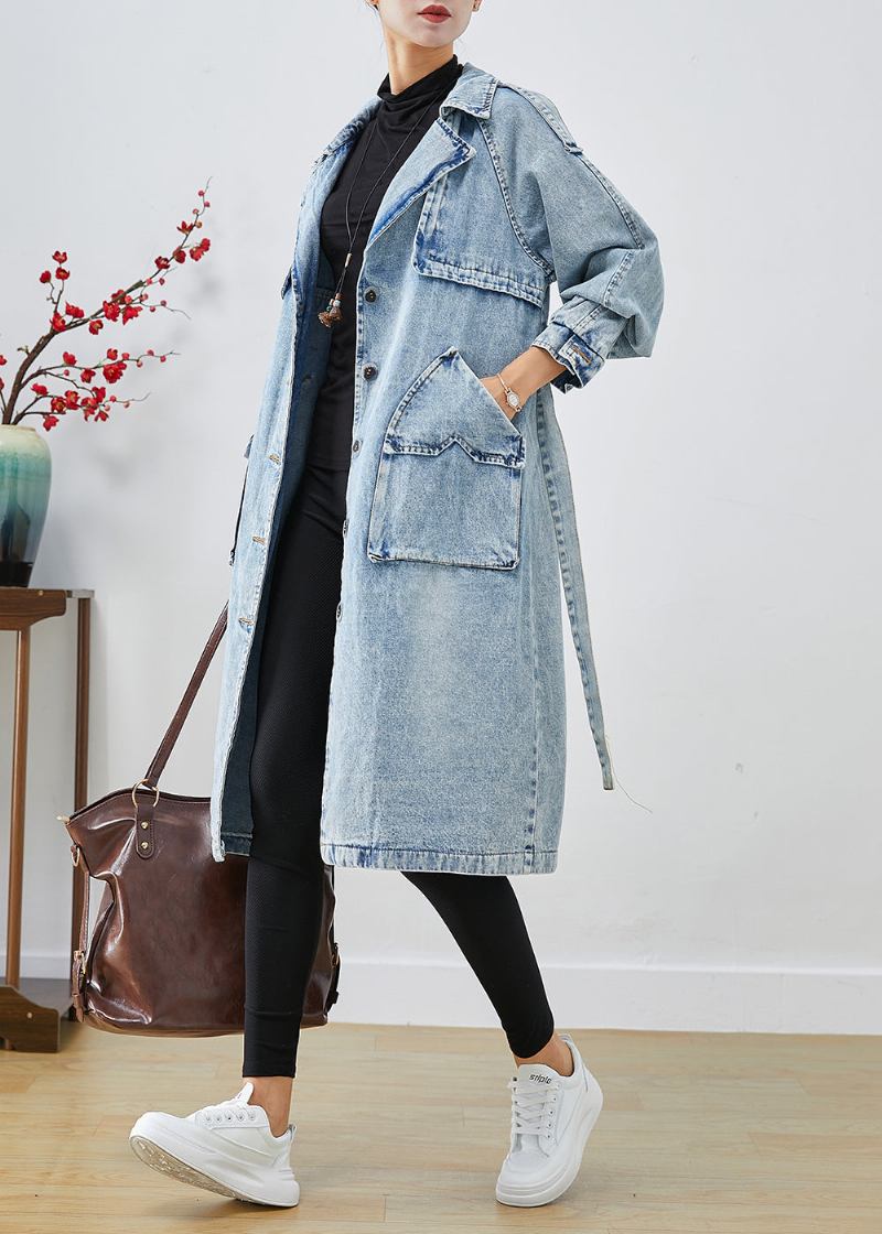 Frauen Hellblau Revers Patchwork Denim Trenchcoats Herbst