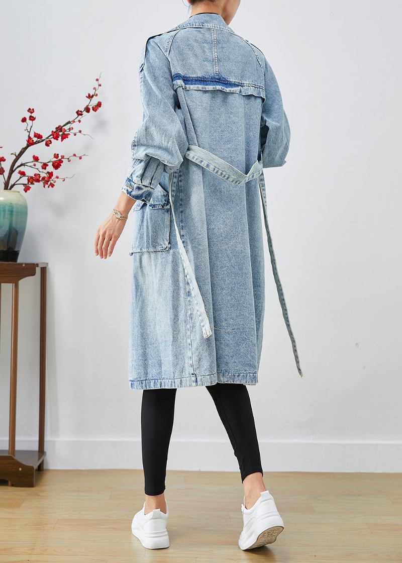 Frauen Hellblau Revers Patchwork Denim Trenchcoats Herbst - Damen-Trenchcoats