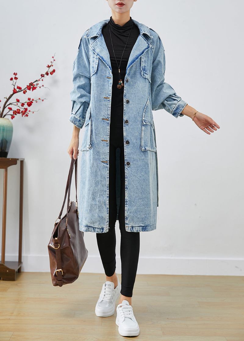 Frauen Hellblau Revers Patchwork Denim Trenchcoats Herbst - Damen-Trenchcoats