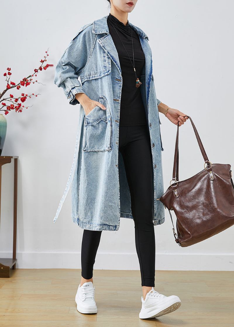 Frauen Hellblau Revers Patchwork Denim Trenchcoats Herbst - Damen-Trenchcoats