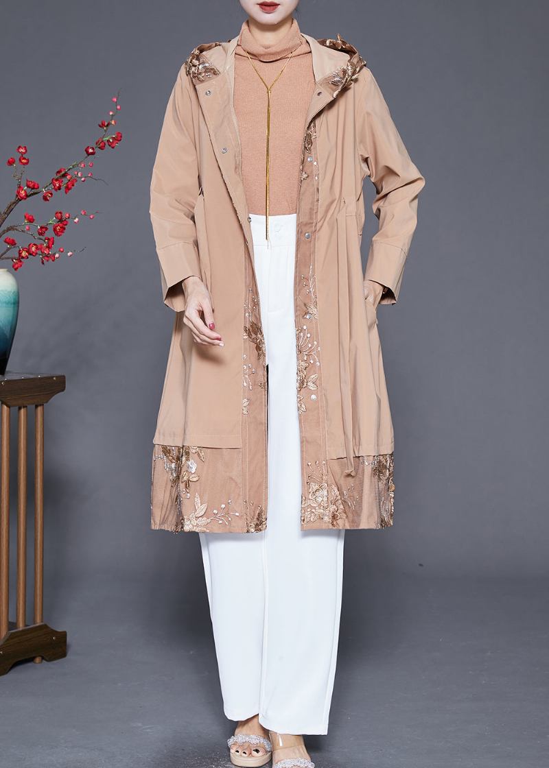 Frauen Khaki Bestickt Patchwork Cinched Spandex Trenchcoat Herbst