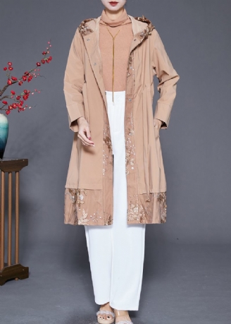 Frauen Khaki Bestickt Patchwork Cinched Spandex Trenchcoat Herbst