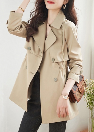 Frauen Khaki Doppel Brust Taschen Patchwork Baumwolle Trenchcoats Herbst