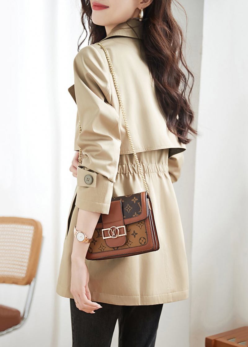 Frauen Khaki Doppel Brust Taschen Patchwork Baumwolle Trenchcoats Herbst - Damen-Trenchcoats