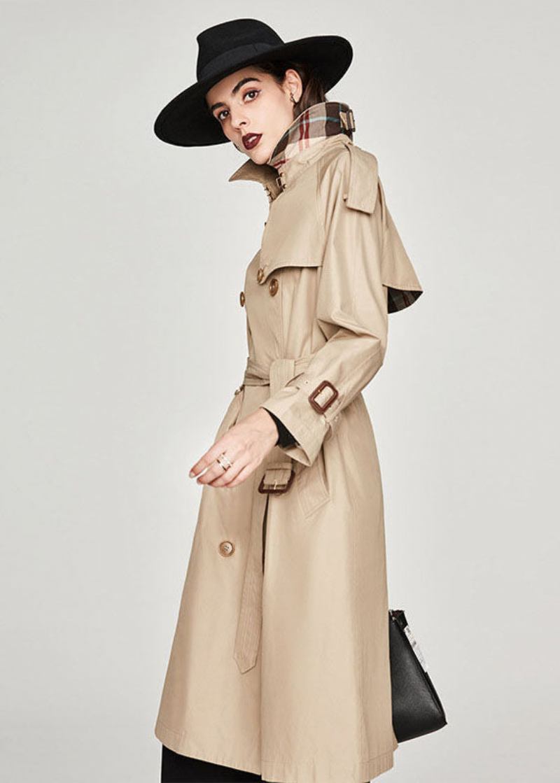 Frauen Khaki Kerb Kragen Seite Offen Baumwolle Zweireiher Trenchcoat Frühling - Khaki