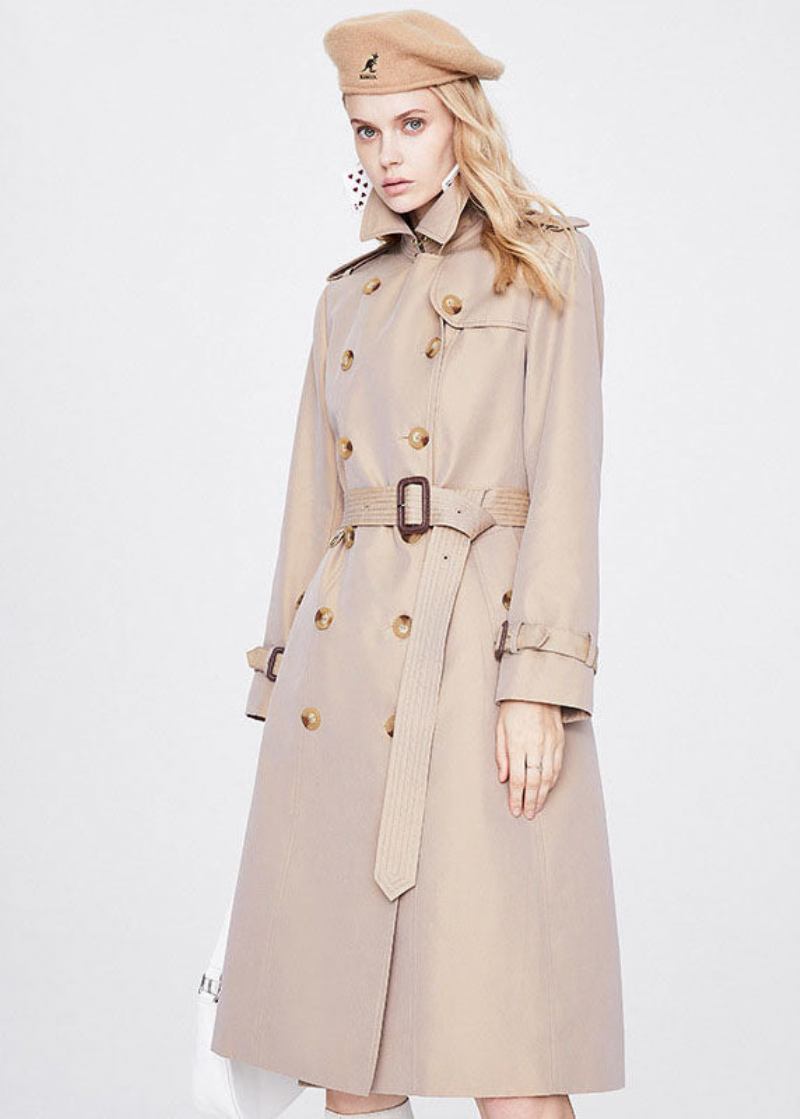 Frauen Khaki Peter Pan Kragen Schärpen Slim Fit Baumwolle Zweireiher Mäntel - Damen-Trenchcoats