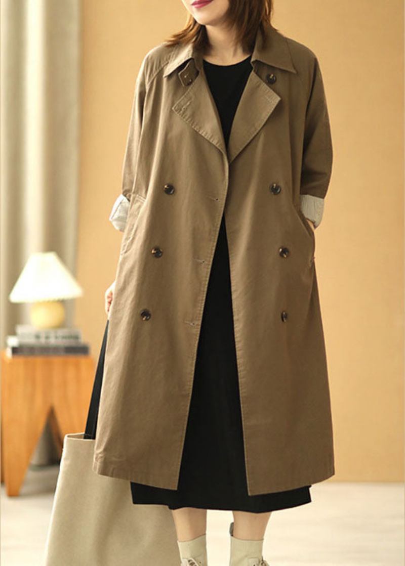 Frauen Khaki Peterpan Kragen Taschen Knopf Herbst Langarm Trenchcoat