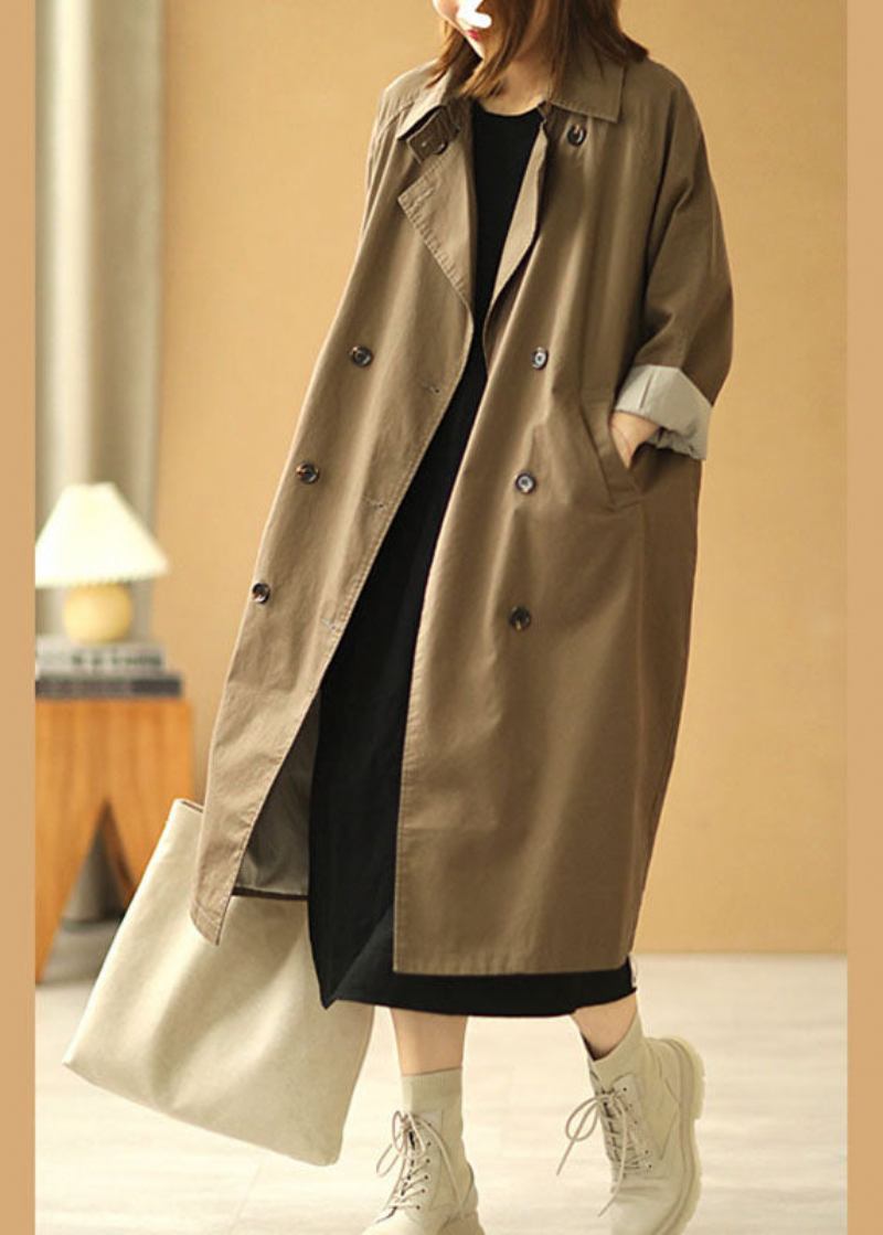 Frauen Khaki Peterpan Kragen Taschen Knopf Herbst Langarm Trenchcoat - Damen-Trenchcoats