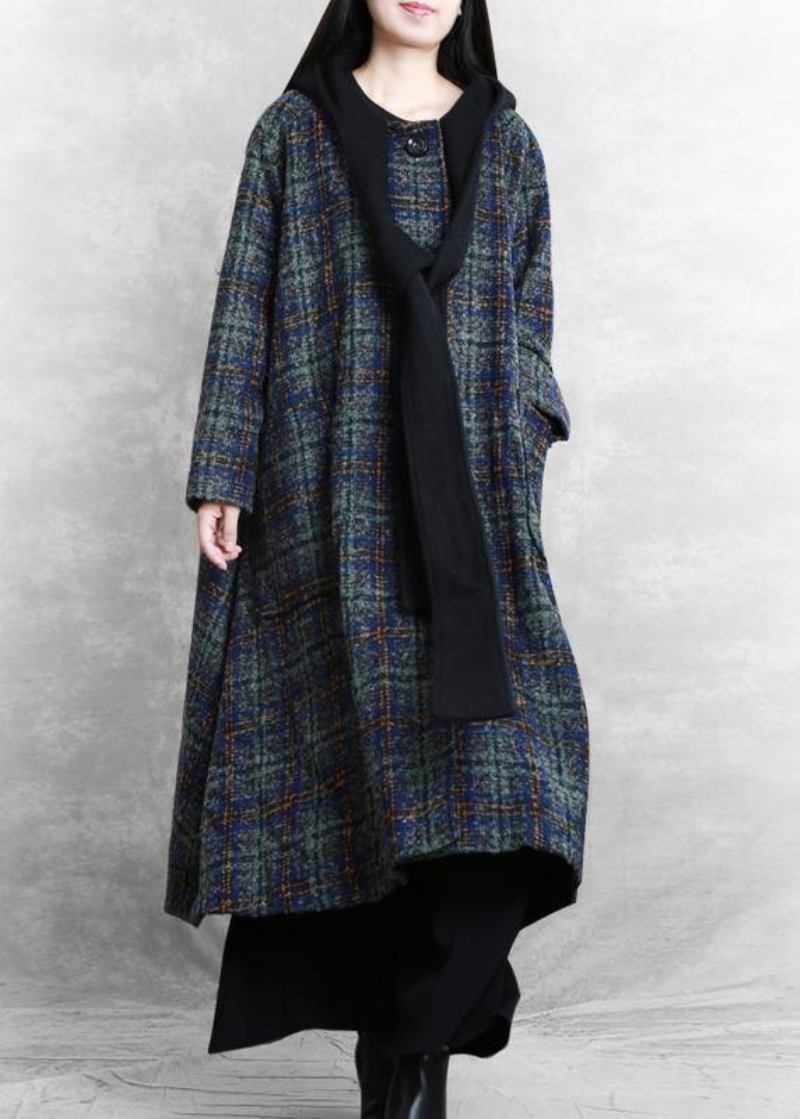 Frauen Locker Sitzende Lange Mäntel Blau Plaid Kapuze Patchwork Wollmäntel - Damen-Trenchcoats