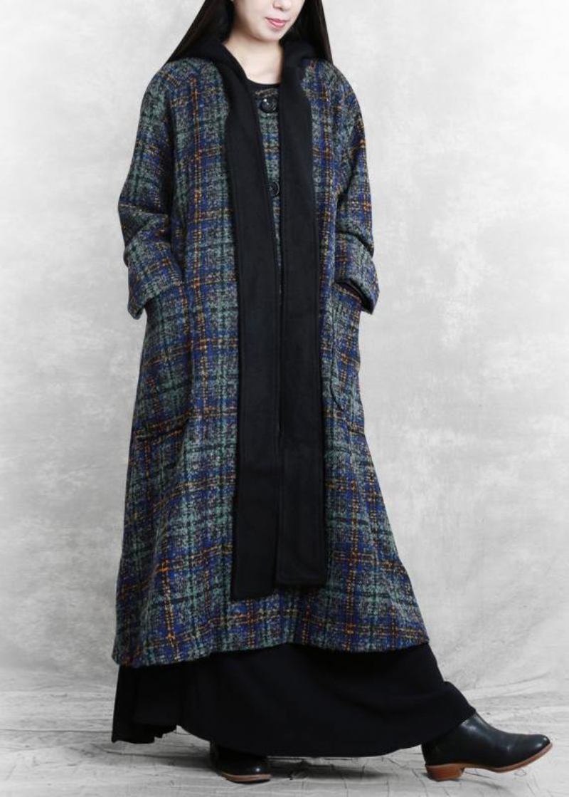 Frauen Locker Sitzende Lange Mäntel Blau Plaid Kapuze Patchwork Wollmäntel - Damen-Trenchcoats