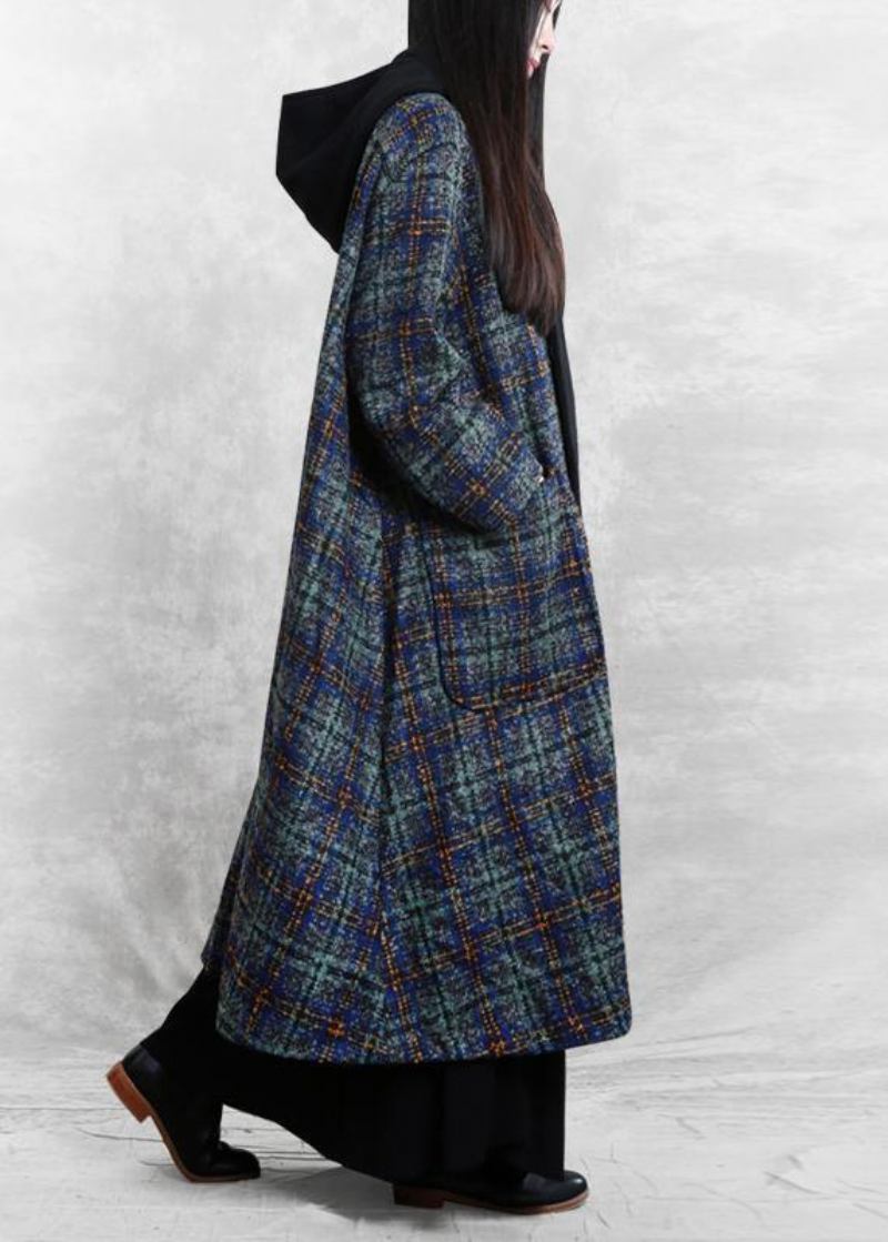 Frauen Locker Sitzende Lange Mäntel Blau Plaid Kapuze Patchwork Wollmäntel - Damen-Trenchcoats