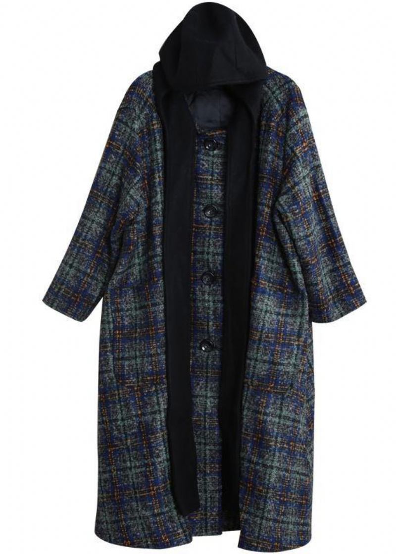 Frauen Locker Sitzende Lange Mäntel Blau Plaid Kapuze Patchwork Wollmäntel - Damen-Trenchcoats