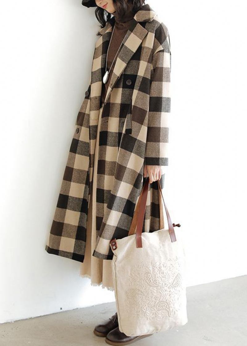 Frauen Locker Sitzende Mittellange Mantel Plaid Taschen Kerb Wollmäntel - Damen-Trenchcoats