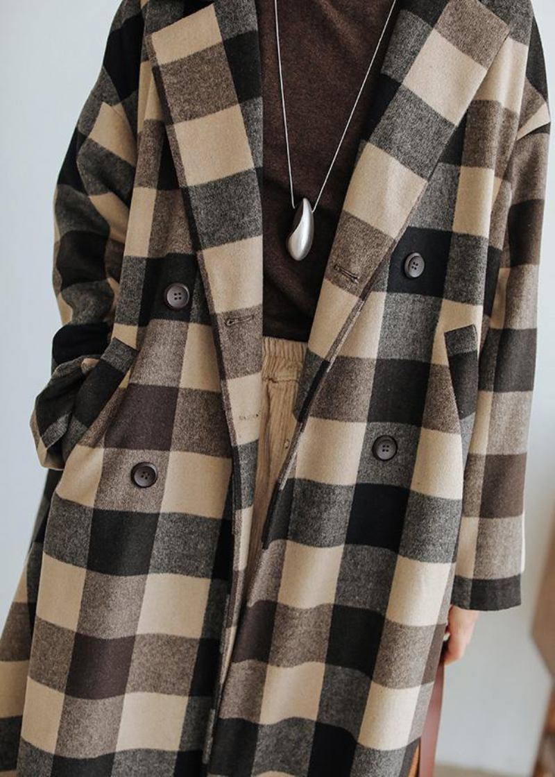 Frauen Locker Sitzende Mittellange Mantel Plaid Taschen Kerb Wollmäntel - Damen-Trenchcoats