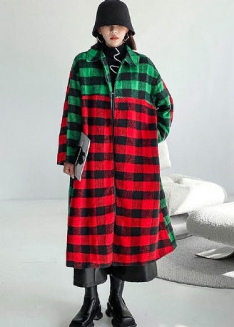 Frauen Rot Grün Plaid Peter Pan Kragen Patchwork Woolen Graben Winter