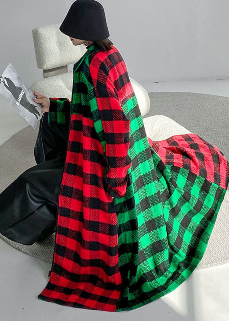 Frauen Rot Grün Plaid Peter Pan Kragen Patchwork Woolen Graben Winter - Damen-Trenchcoats