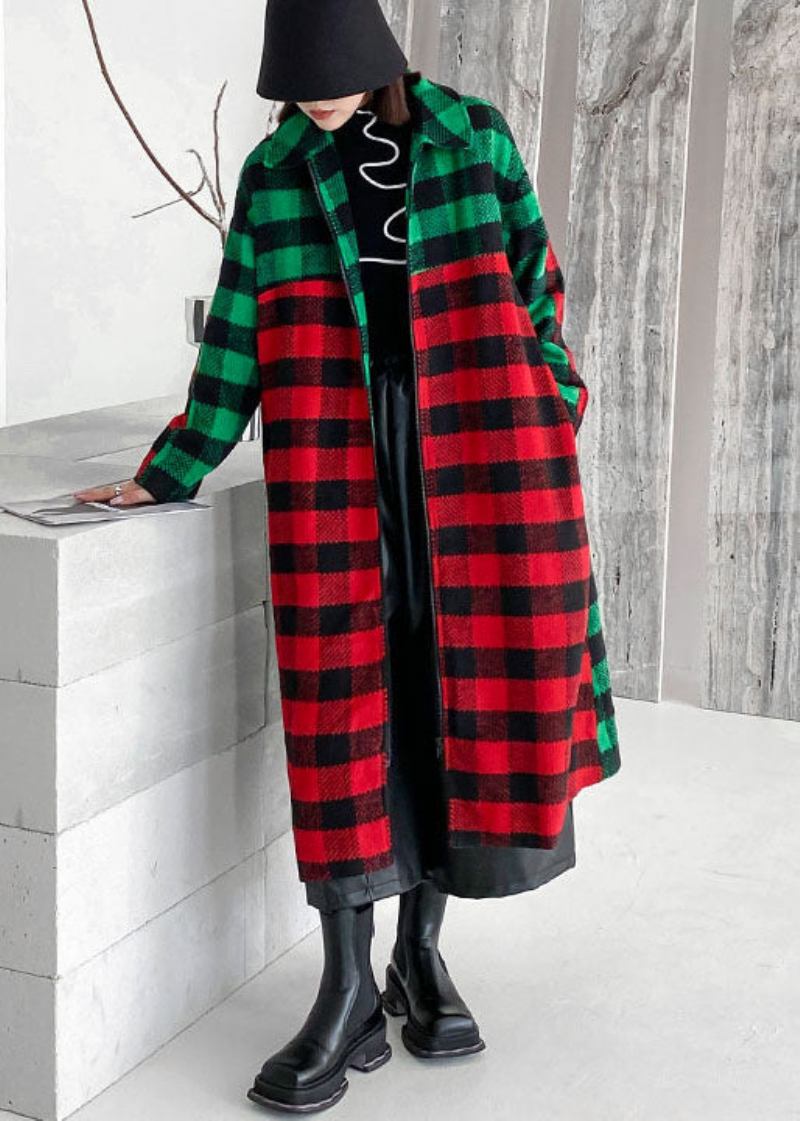 Frauen Rot Grün Plaid Peter Pan Kragen Patchwork Woolen Graben Winter - Damen-Trenchcoats