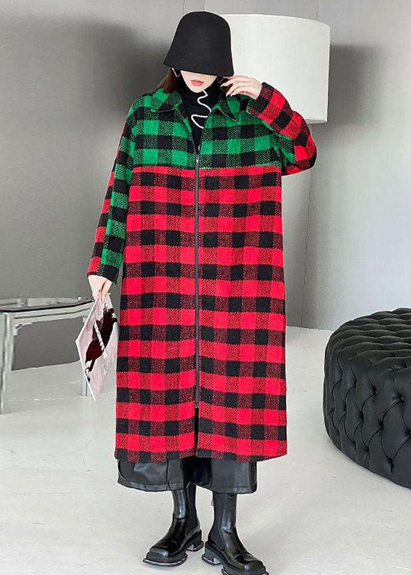 Frauen Rot Grün Plaid Peter Pan Kragen Patchwork Woolen Graben Winter - Damen-Trenchcoats