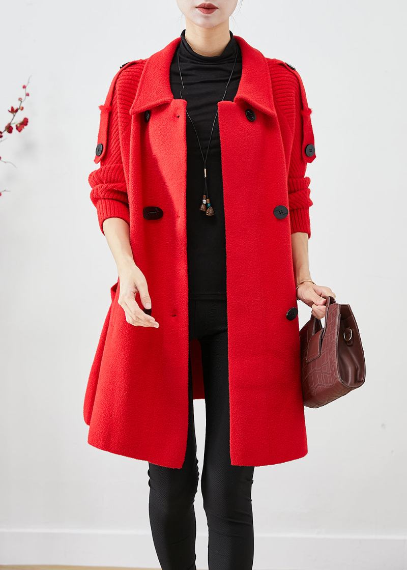 Frauen Rot Übergroßen Strick Patchwork Wollmantel Herbst - Damen-Trenchcoats