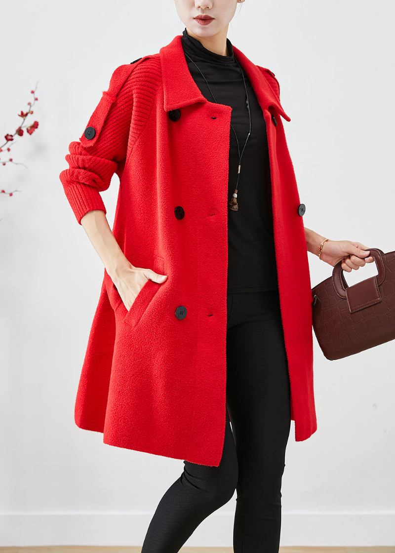 Frauen Rot Übergroßen Strick Patchwork Wollmantel Herbst - Damen-Trenchcoats