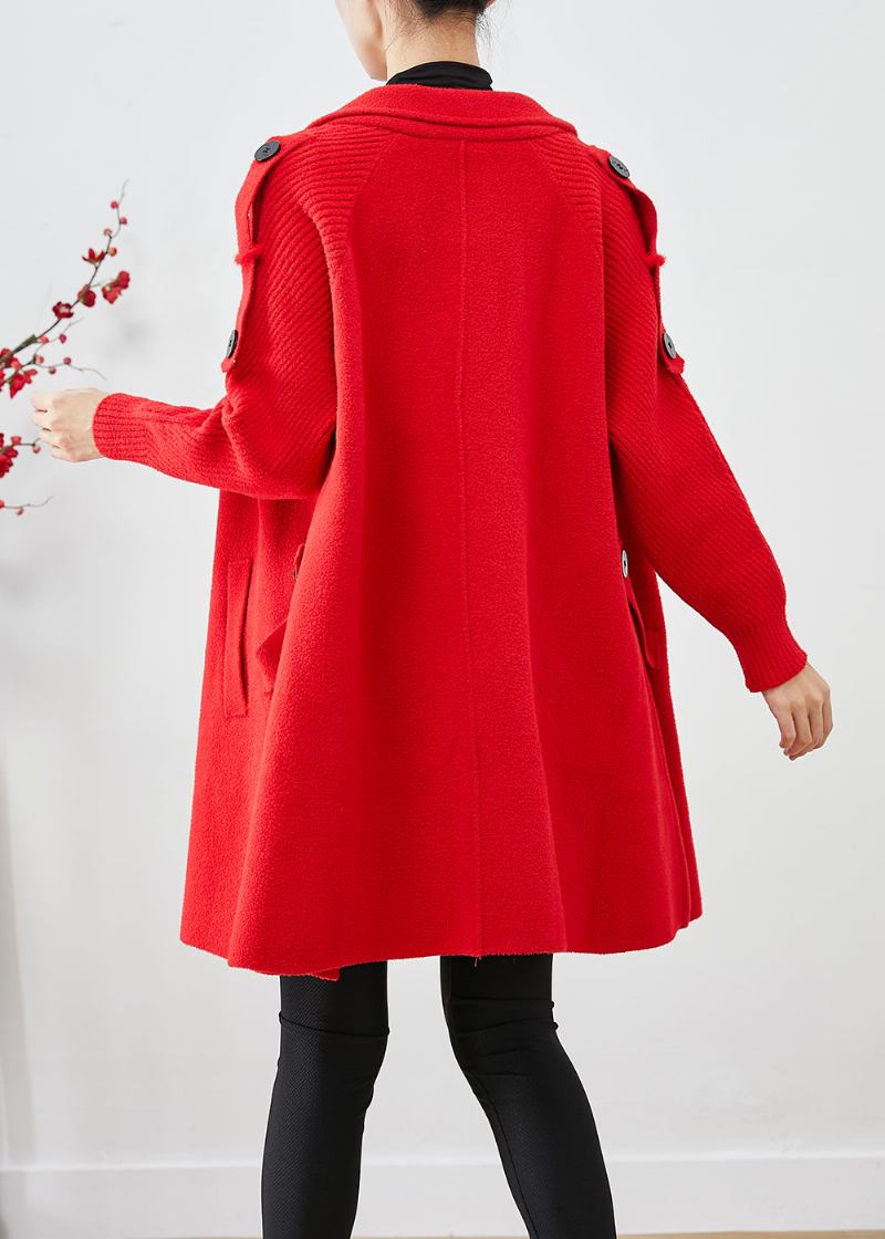 Frauen Rot Übergroßen Strick Patchwork Wollmantel Herbst - Damen-Trenchcoats