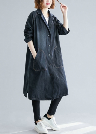 Frauen Schwarz Kerb Taschen Denim Trenchcoat Herbst