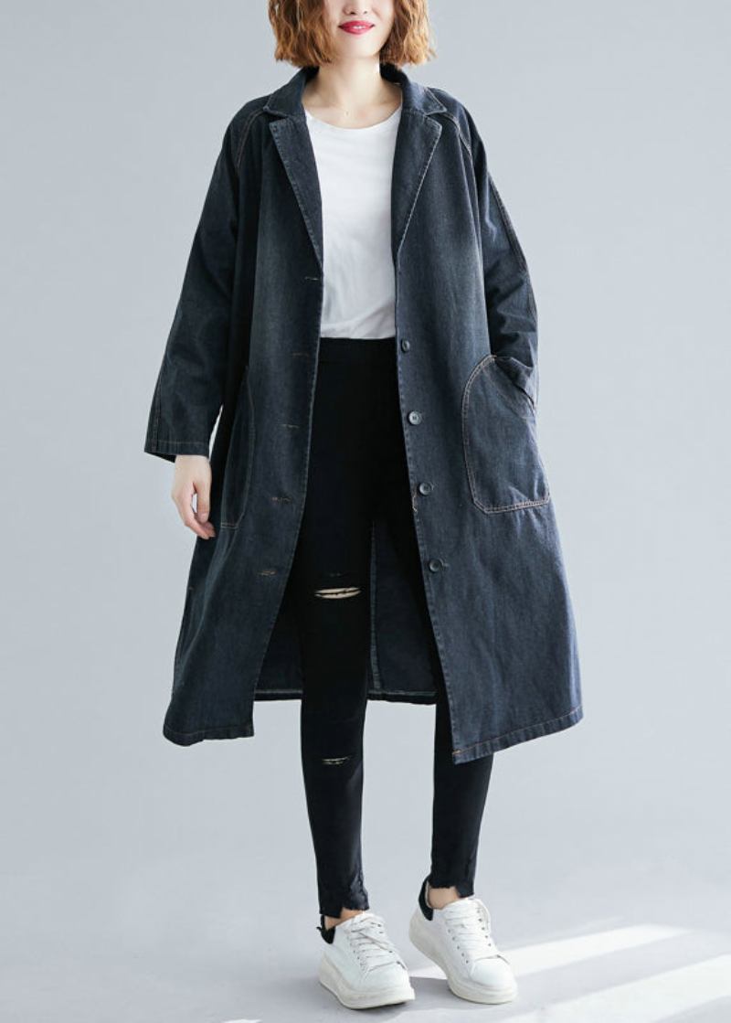 Frauen Schwarz Kerb Taschen Denim Trenchcoat Herbst - Damen-Trenchcoats