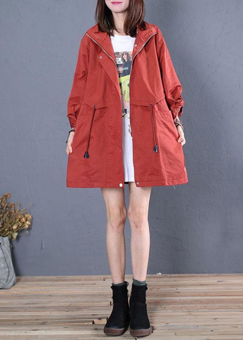 Frauen Trendy Plus Größe Mittellange Mäntel Herbst Rot Kordelzug - Damen-Trenchcoats