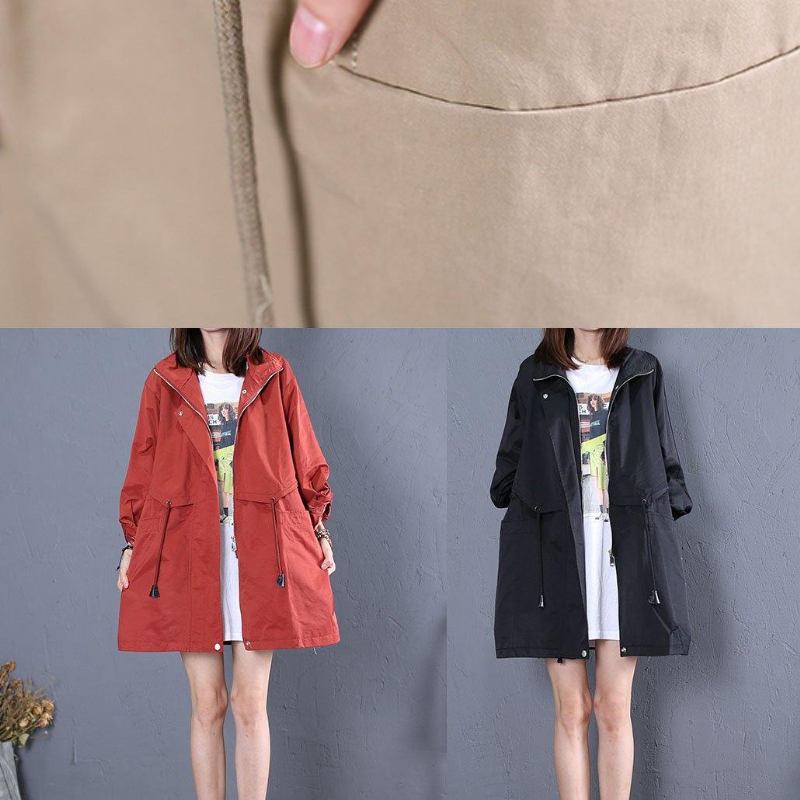 Frauen Trendy Plus Größe Mittellange Mäntel Herbst Rot Kordelzug - Damen-Trenchcoats