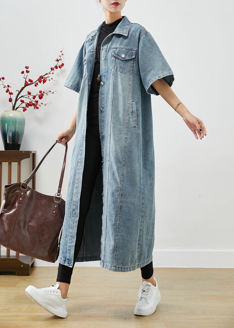 French Denim Blau Übergroße Taschen Baumwolle Trenchcoat Kurzarm