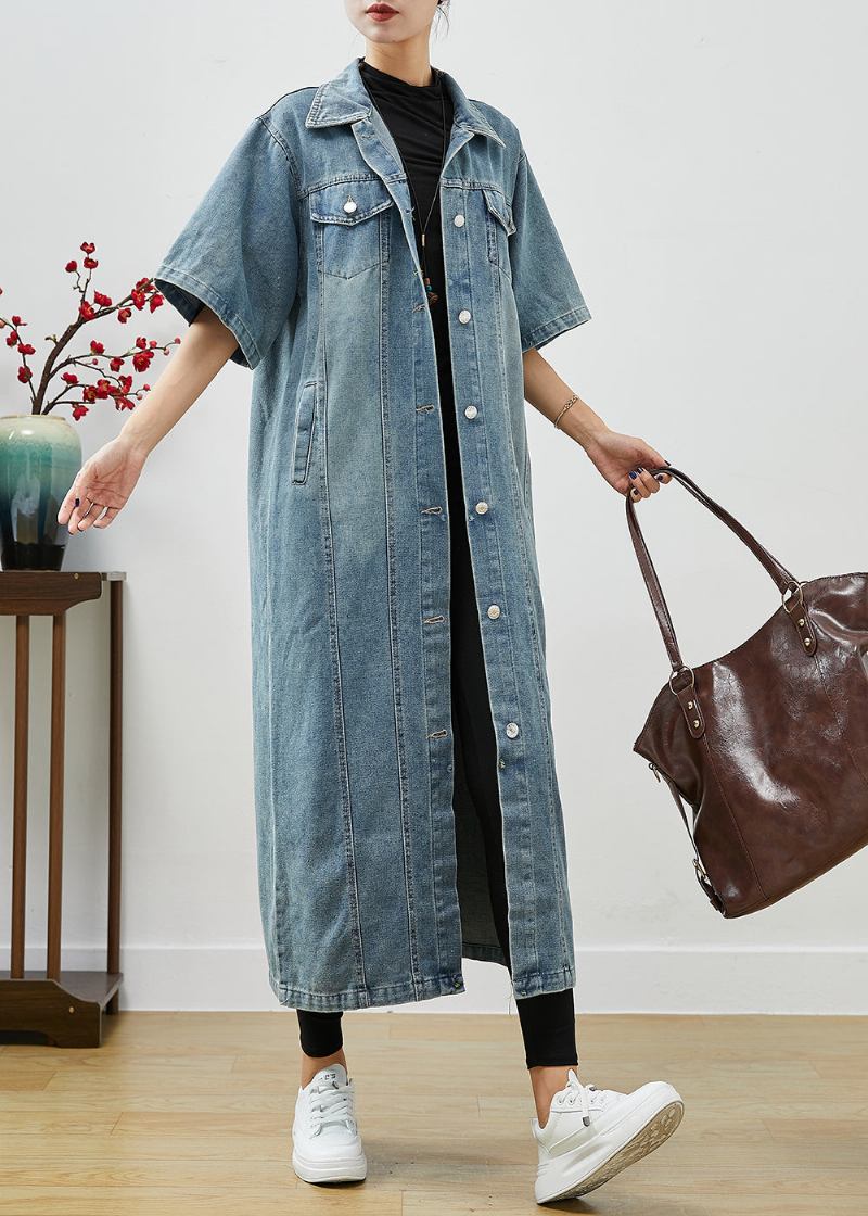 French Denim Blau Übergroße Taschen Baumwolle Trenchcoat Kurzarm - Damen-Trenchcoats