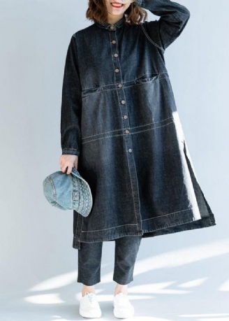 French Denim Schwarz Mode Lange Mäntel Arbeitsoutfits Seite Offen Herbst Damen