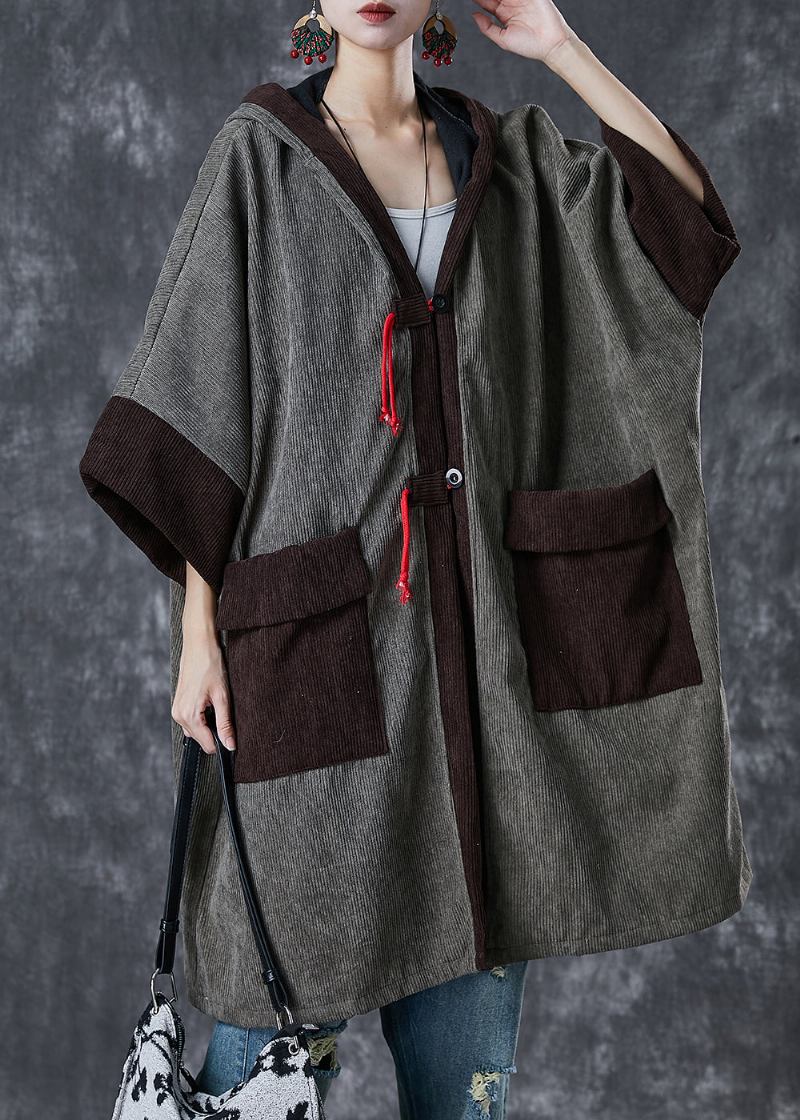 Grau Patchwork Warme Fleece Cord Trenchcoat Mit Kapuze Taschen Frühling